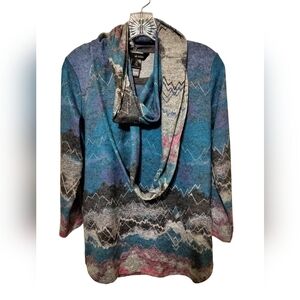 (1413) Ali Miles Multicolor Mountain Top 3/4 Sleeve with Infinity Scarf Size XS